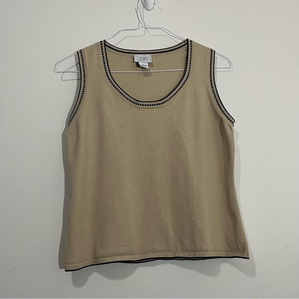 Vtg Ann Taylor Sweater Tank Cami Sz L Minimalist Career Y2K Tan Embroidered 90s